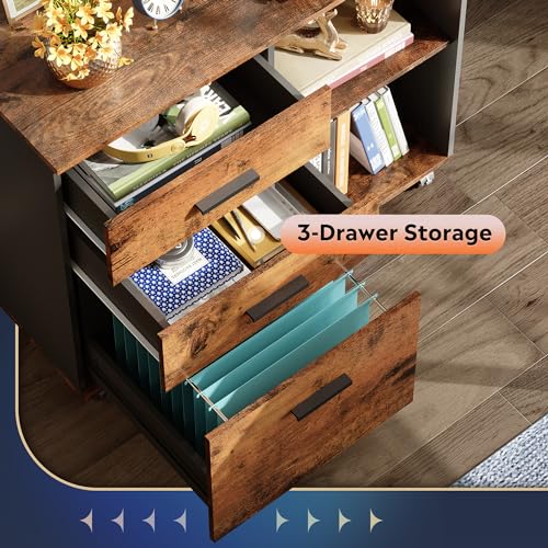 DEVAISE 3 Drawer Mobile File Cabinet, Wood Lateral Filing Cabinet, Printer Stand with Open Shelves for Home Office, Rustic Brown