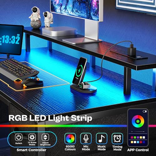 Huuger 47 inch Computer Desk with 4 Drawers, Gaming Desk with LED Lights & Power Outlets, Home Office Desk with Large Storage Space for Bedroom, Work from Home, Black