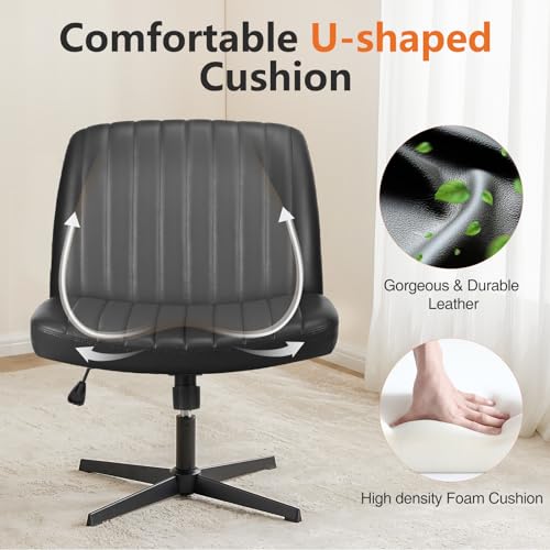 Sweetcrispy Criss Cross Chair Legged, PU Leather Armless Office Swivel Desk Chairs No Wheels, Vanity Height Adjustable Wide Seat Faux Leather Computer Task Chair for Home Bedroom, PU-Black