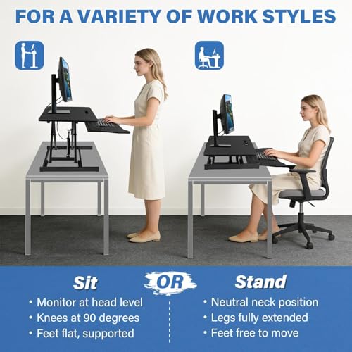 37" Height Adjustable Standing Desk Converter, Two Monitor Stable Stand up Desk Converter, 5.9"-18.8" Height Adjustable Laptop Workstation with Keyboard Tray, Desktop Riser for Home and Company