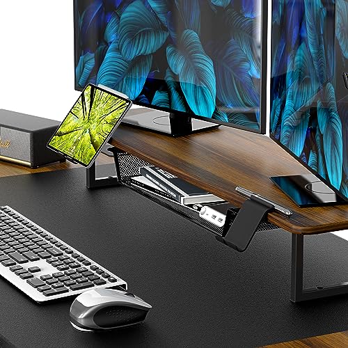 SHW 62-Inch Electric Height Adjustable Standing Desk with Monitor Riser and Drawer, Walnut