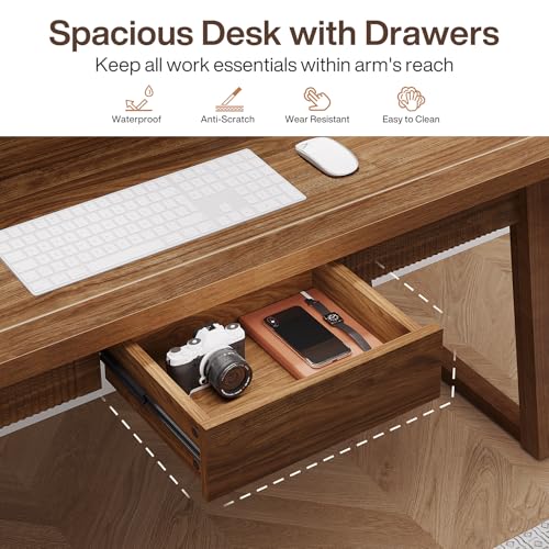 Tribesigns Home Office Executive Desk: 55 Inches Wooden Computer Desk with Drawer, Mid-Century Modern Study Writing Table, Rustic PC Laptop Desk Workstation Furniture, Walnut Brown