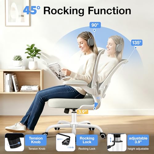 ALLGOD Ergonomic Office Chair, Breathable Mesh Ergonomic Desk Chair with Adjustable Lumbar Support, Flip-up Armrests, Computer Chairs Comfortable for Home, Office, Work, 300lbs, White, Upgrade