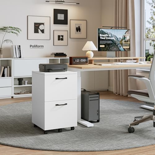 DUMOS 2 Drawer Filing Cabinet, Rolling Wood File Cabinet for Home Office, Under Desk Storage with Lockable Wheels, Printer Stand, Office Organizer, White
