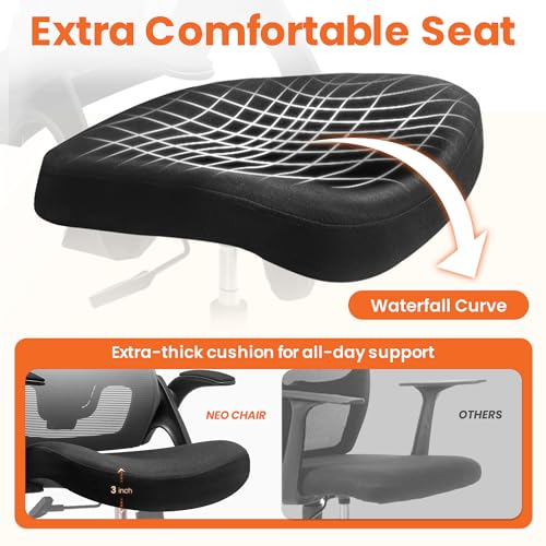 NEO CHAIR Office Desk Chair Gaming Computer High Back Support Mesh Comfy Seat with Adjustable Ergonomic Headrest Lumbar Rolling Flip-up Armrests and Wheels (Black)
