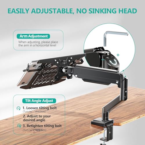 WALI Laptop Desk Mount, Single Monitor Arm with Laptop Holder, Adjustable Height Laptop Arm Mount for Desk, Fits 17” Notebook and 34” Monitors, Up to 22-26.4Lbs (GSMP001LPN), Black