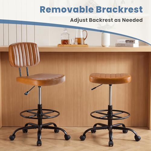 DUMOS Armless Drafting Chair, Low Back Office Seat with Adjustable Footrest Ring for Standing Desk, Ergonomic PU Leather Office Seating, Swivel Rolling High Stool for Studio, Lab, Counter, Brown