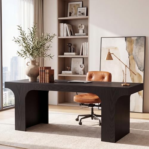 Tribesigns 70.87" Executive Office Desk, Large Workspace Computer Desk, Modern Wooden Writing Table Simple Business Furniture with Arched Design for Home Office, Sturdy Room, Black