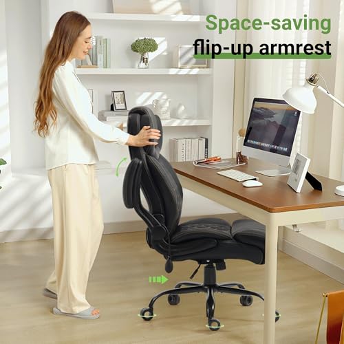 BLISNEST Office Chair, Big and Tall Executive Chairs with Lumbar Support for Back Pain, Breathable Desk Computer Chair with Adjustable Flip-up Armrests, Wide Cushion Swivel Home Office Chair Black PU