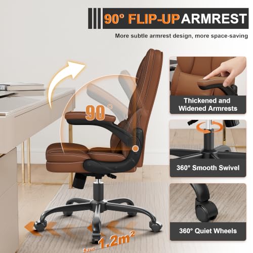 Ergonomic Office Chair with Flip-up Armrests, 300lbs Mid Back Computer Desk Chair with Lumbar Support, Executive Leather Chair with Rocking Function Adjustable Height for Home Office