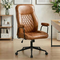 Furniliving Leather Office Chair, Comfy Home Office Desk Chair, Mid Century Modern Office Chair with Lumbar Support, Mid-Back Adjustable Swivel Computer Chair with Wheels and Arms, Brown