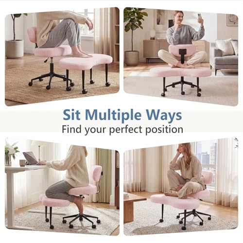 DUMOS Ergonomic ADHD Cross Legged Office Desk Chair with Adjustable Backrest, Height Adjustable Meditation Chair with 360° Swivel Footstool, Teddy Fabric Yoga Stool for Home Office, Pink