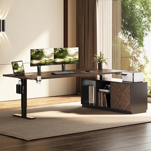 FLEXISPOT L Shaped Executive Standing Desk with Drawers, Large Electric Height Adjustable Desk, Sit Stand Desk for Home Office and Workstation, PC Cabinet (71"x32" Black Walnut)