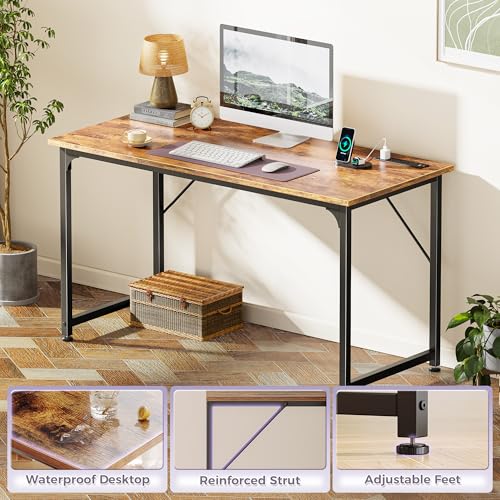 PRAISUN 47 X 20 Inch Office Computer Desk with Power Outlets and USB-C Port, Larger Gaming Desk, for Home Office, Study, Bedroom, Writing Work from Home Table, Metal Frame, Rustic Brown