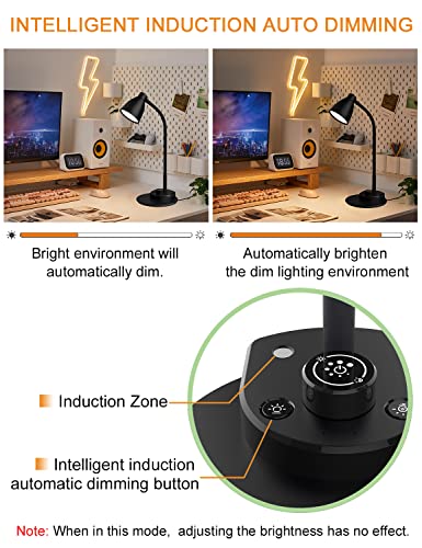 BOHON LED Desk Lamp with USB Charging Port 3 Color Modes Dimmable Reading Light Intelligent Induction Auto Dimming Task Lamp Neck Flexible Table Lamp for Bedside Office, AC Adapter Include