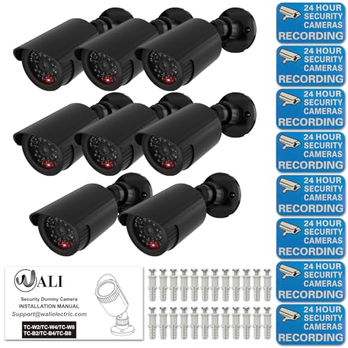 WALI Dummy Fake Simulated Surveillance Security CCTV Dome Camera Indoor Outdoor with One LED Light, Warning Security Alert Sticker Decal (TC-B8), 8 Packs, Black