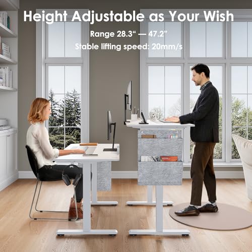 DSNAPE 48" x 24" Electric Standing Desk with Drawers, Height Adjustable Sit Stand Desk with 3 Preset Heights Side Hook Storage Pocket Cable Clips Ergonomic Rising Home Office Computer Table, White