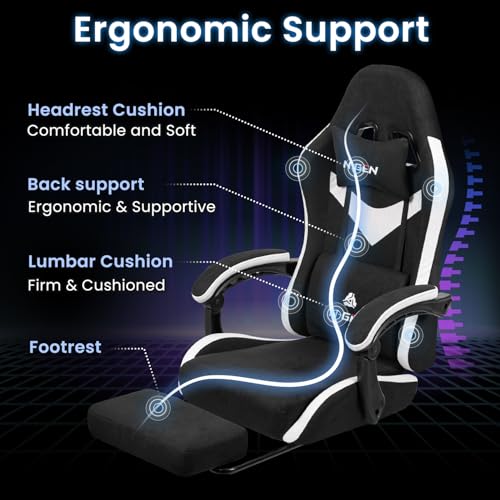 N-GEN GAMING Gaming Chair Video Game Computer Office Desk Use Ergonomic Reclining Backrest Adjustable Armrests Lumbar Support Footrest High Density Foam Breathable Fabric Heavy Duty Base (Black)
