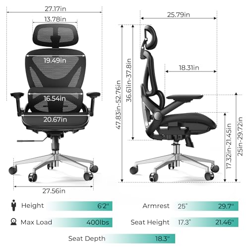 CAPOT Ergonomic Mesh Office Chair, Adjustable Lumbar High Back Desk Chair 400lbs, 4D Flip-up Arms, 3 Tilt Backrest, 3D Headrest, PU Wheels, Swivel Rolling Computer Chair for Long Desk Work - Black
