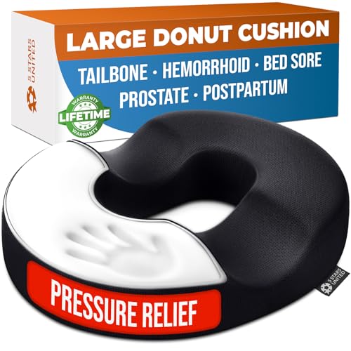5 STARS UNITED Donut Pillow for Tailbone Pain & Hemorrhoids – Large Memory Foam Seat Cushion for Bed Sore-Prone Areas & Pressure Relief – Prostate, Postpartum & Pregnancy Support, Black Mesh Cover