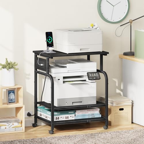 YAOHUOO 3 Tier Large Printer Stand with Power Outlet/Adjustable Shelf