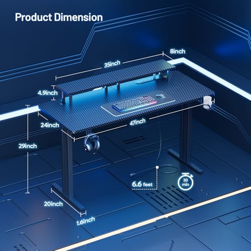 HLDIRECT 47 Inch Gaming Desk with 5 Sockets & LED Lights, Computer Gamer Desk with Monitor Stand, Ergonomic Carbon Fiber Gaming Table Home Office Desk with Cup Holder, Headphone Hook & Mouse Pad