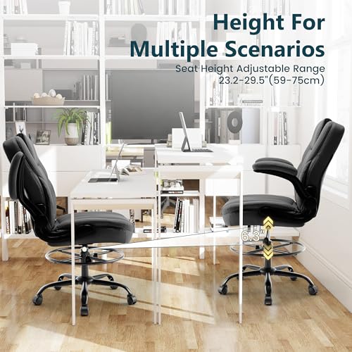 Drafting Chair 500Lbs, Tall Office Chair for Standing Desk, High PU Leather Executive Office Chair with Flip-up Armrests, Ergonomic High Chair with Adjustable Foot Ring, Comfy Stool Chairs, Black