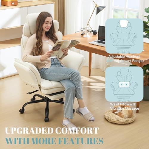Flip Armrests Criss Cross Office Chair, Reclining Office Chair with Foot Rest, Adjustable Headrest, Massage Waist Pillow, Cross Legged Big and Tall Desk Chair Wide Seat Vanity Chair, PU Leather White
