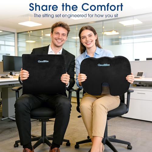 CloudBliss Lumbar Support Pillow & Seat Cushion Set for Office Chair, Desk Chair, Wheelchair & Car – Memory Foam Back Support, Ergonomic Chair Cushions, Sciatica Pain Relief, Home Essentials, Black