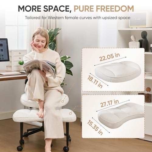 EGSEAT Criss Cross Office Chair with Wheels, Adjustable-Height Backrest & Swivel Footrest, Ergonomic Cross Legged Chair with Leg Rest for Kneeling Meditation Yoga ADHD, Beige Teddy Fleece