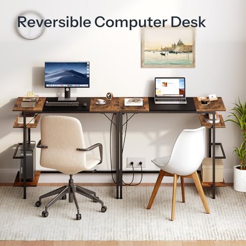 HOOBRO Small Computer Desk, Home Office Desk with Power Outlet, Writing Desk with 2 Shelves, Modern Small Desk for Home Office, Study, Easy to Assemble, Rustic Brown and Black BF43UDN01