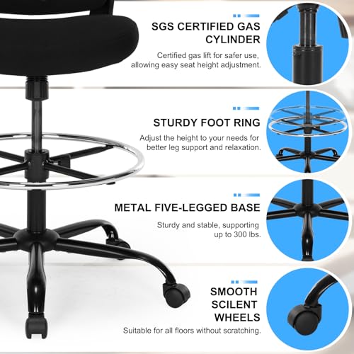 Bondesin Drafting Chair, Ergonomic Tall Office Chair with Lumbar Support Standing Desk Stool with Flip-up Armrests Comfy High Office Desk Chair with Adjustable Foot Ring for Counter Height Desk, Black