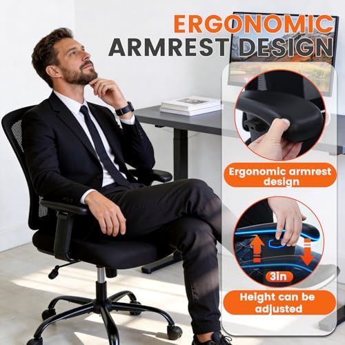 Big and Tall Office Chair 400lbs Wide Seat Desk Chair Computer Chair with Lumbar Support Adjustable Arms Task Rolling Swivel Mesh Executive High Back Ergonomic Chair for Adults Women,Black