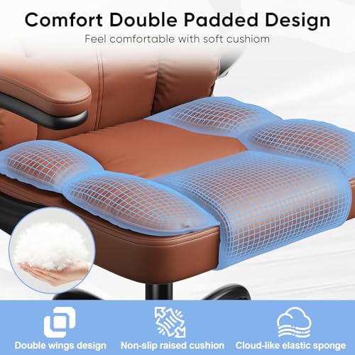 Kensaker Office Chair with Adjustable Headrest & Lumbar Support for for Lower Back Pain Relief, Executive PU Leather Chairs Comfy with Double Padding & 135° Rocking for Home Office, Brown