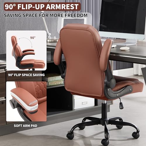 Nexthro Executive Office Chair PU,Leather Office Chair with Wheels,360° Swivel Rolling Chair with Padded Arms,Ergonomic Computer Chair with Lumbar Support for Short People Use(Brown)