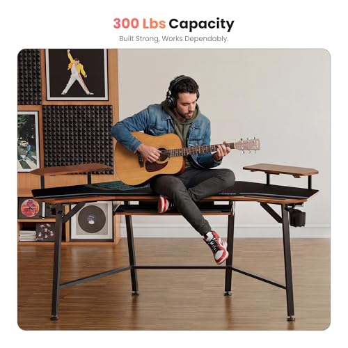 EUREKA ERGONOMIC 72" Gaming Desk W Keyboard Tray, Wing-Shaped Music Studio Desk, Large Computer Table W LED Convertible Monitor Stand Dual Headphone Hanger for Recording Live Streamer, Walnut Wood