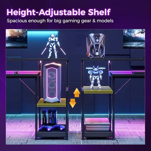 AODK 48 Inch Gaming Desk with LED Lights, Computer Desk with Storage Shelves, Reversible Desk with Monitor Stand, Carbon Fiber Black