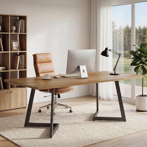 Tribesigns 62.2-Inch Industrial Executive Desk, Simple Modern Home Office Computer Desk with Sturdy Metal V-Shaped Legs, Large Study Writing Table Business Workstation, Easy Assembly (Brown+Black)