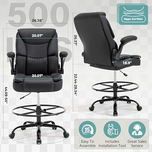 Ergonomic Drafting Chair, Tall Office Chair for Standing Desk, High Back Standing Desk Chair with Flip-Up Armrest, Adjustable Height&Foot Ring, Executive PU Leather Extended Height Office Chairs,Black