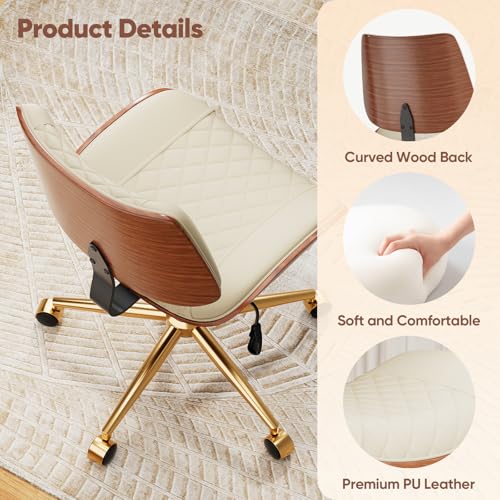 FervorFurn Home Office Desk Chair with Swivel Wheels, Modern PU Leather Armless Office Chair, Small Mid Back Computer Chair for Home Office, Reading Meeting Room (Beige, Gold Wheels)