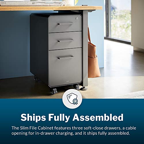 Vari Slim File Cabinet - Three Drawer Office Filing Cabinet, Modern Mobile Pedestal with Heavy-Duty Steel - Lockable Storage with Roll-and-Lock Caster Wheels - Home or Office - Charcoal Grey
