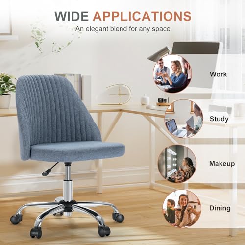 DUMOS Office Chair, Comfy Desk Chair Rolling Vanity Swivel Task Chairs with Wheels, Wide Seating Armless Height Adjustable Computer Chairs for Home,Bedroom,Student,Adults, Blue