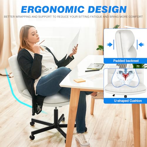 Rfiver Ergonomic Armless Criss Cross Chair with Height Adjustable and Swivel, Wide & Thickened Cushion Cross Legged Vanity Chair, Comfortable PU Leather Desk Chair for Computer Task and Make Up, White