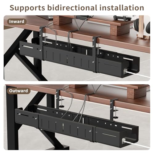 SUREUP9 Under Desk Cable Management Tray, Expandable 25.2"–38.6" Heavy Duty Carbon Steel with Clamp, Hidden Cord Organizer for Desk, Home Office & Standing Desk, No Drill Installation, Black