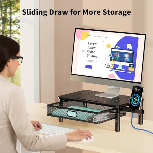 Zimilar Monitor Stand Riser with Metal Mesh Drawer, Height Adjustable with Phone Holder for Computer, Laptop, Printer, Notebook, Computer Monitor Stand with Storage