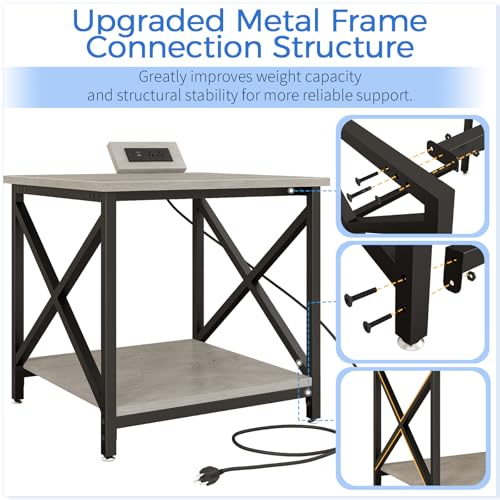 METYERRY Large Printer Stand with Power Outlet, with Storage Shelf, 2 Tier Rolling Printer Cart with Industrial Wheels, 23.6 x 23.6 Inches Printer Table for Home Office,Greige