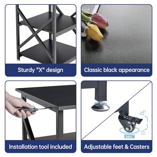 Fannova Printer Stand, 23.6 x 23.6 x 30.1 Inches Large Square Printer Table with Height Adjustable Storage Shelf, 3 Tier Rolling Printer Cart with Industrial Wheels for Home Office - Black