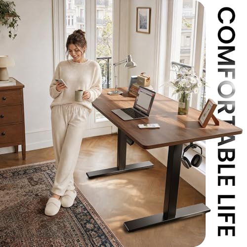 CubiCubi One-Piece Standing Desk, 48 x 24 Electric Height Adjustable Computer Desk, Sit Stand up Home Office Workstations with Whole-Piece Desktop, Black Walnut