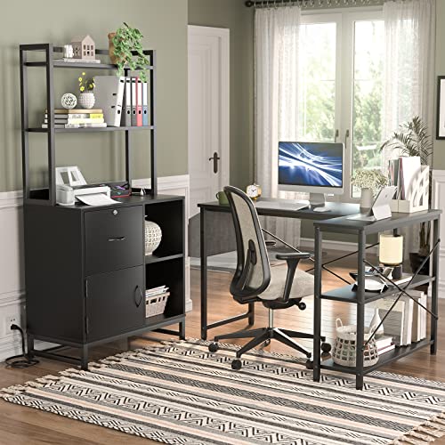 Homieasy Vertical Filing Cabinet with Bookshelf for Home Office, File Cabinet with Shelves, Lock & Charging Station, Drawer Office File Cabinets with Printer Stand, fits Letter Size, Black
