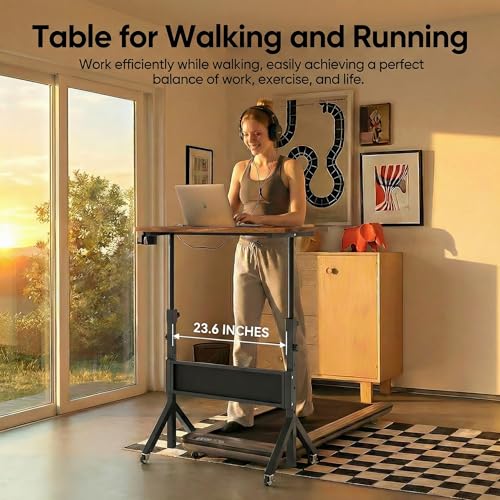 HUANUO Mobile Standing Desk with Wheels and Storage Basket, Height Adjustable 28.7"-46.1" Rolling Desk for Walking Pad, Small Space Laptop Computer Workstation for Home Office